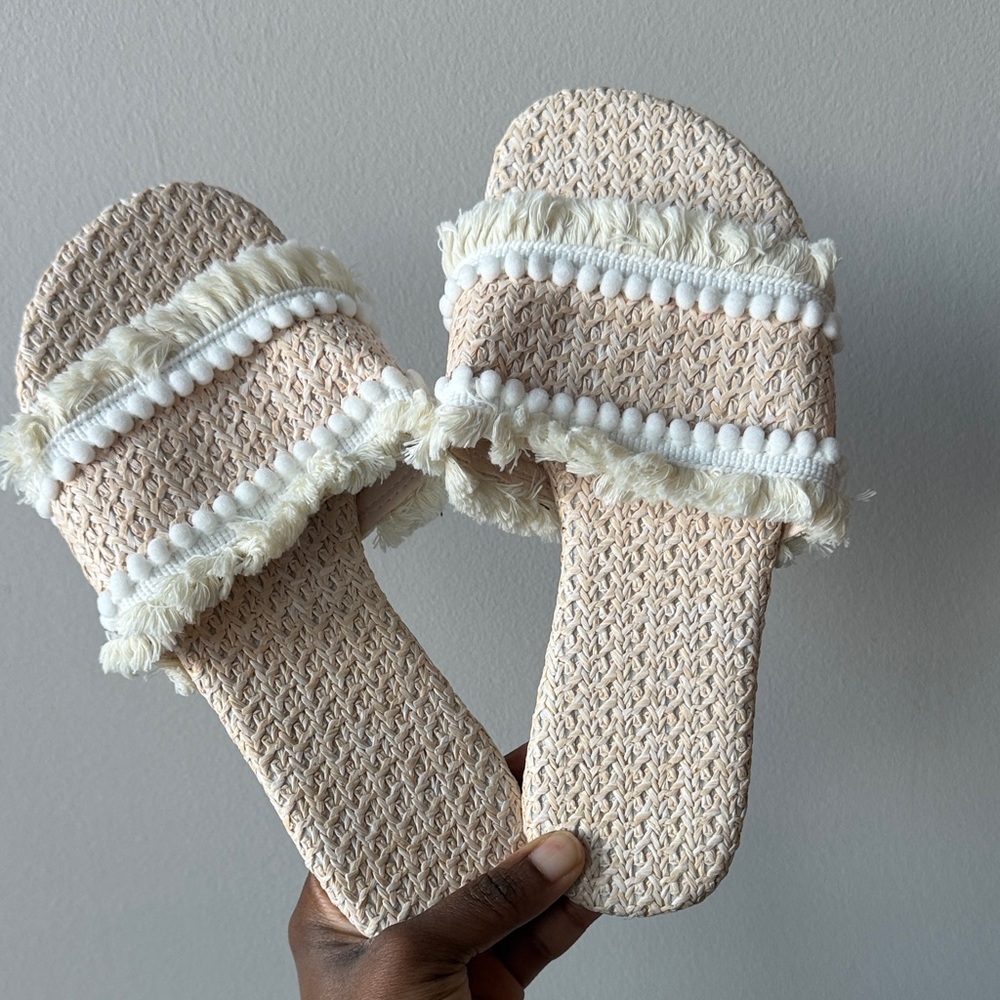 Beige and White Textured Slide Sandals